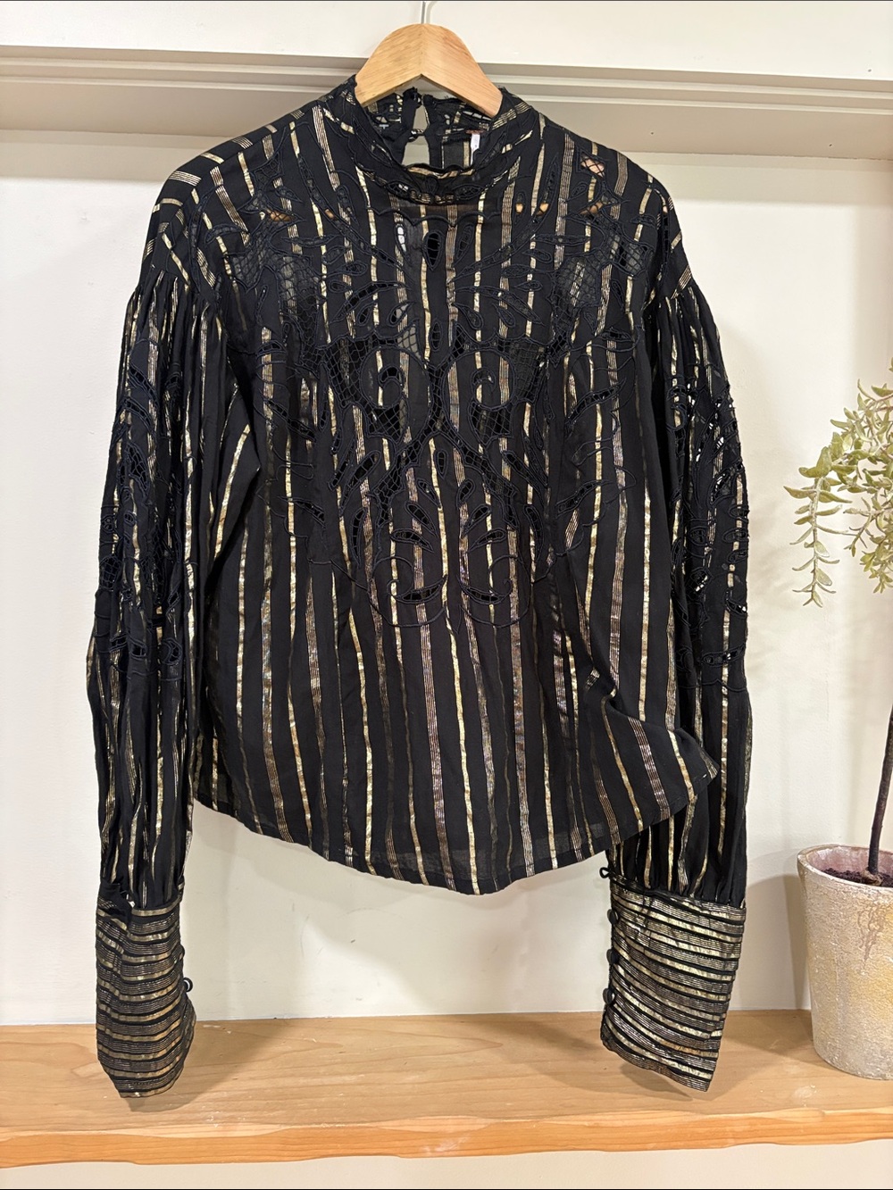 Free People Golden Sand Embroidered Black Gold Metallic Striped Top, Size L, NWT